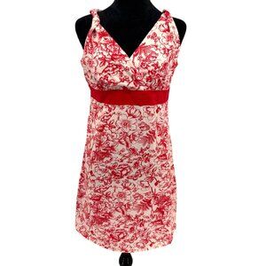 Caribbean Joe Hawaiian‎ Dress Womens PM Red White Floral Babydoll V Neck Empire